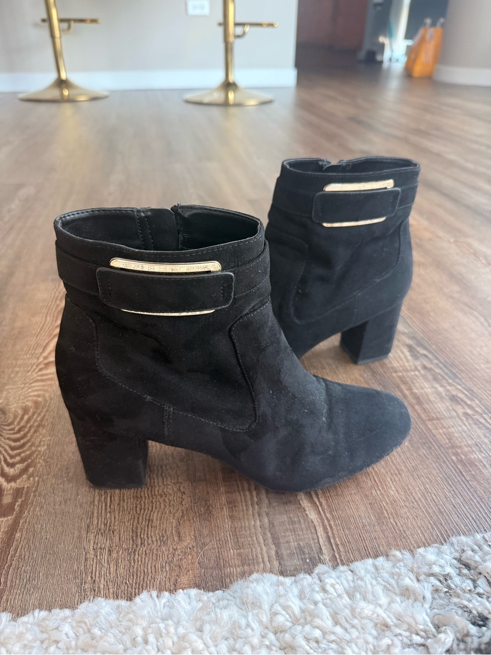 Calvin Klein Black Suede Ankle Boots with Gold Accent - Women's